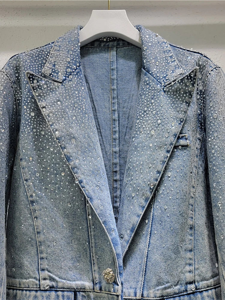 Pre Order:  Vintage Diamond Embellished Single Button Denim Blazer