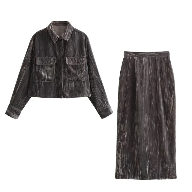 Retro Velvet Collar Button Shirt + Side Zip Straight Skirt