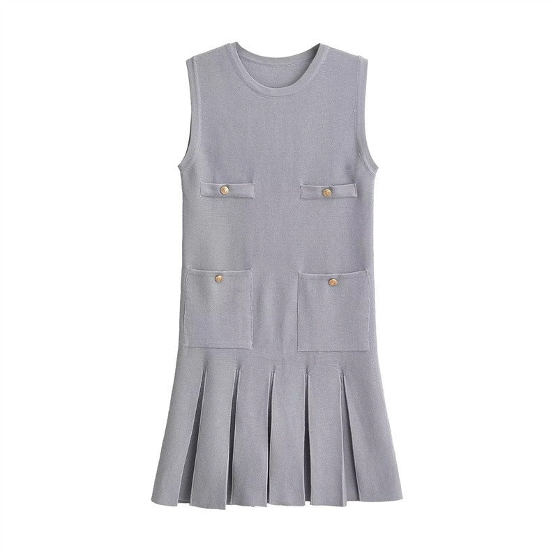 Pre Order: Knit Wide Pleated Button Mini Dress