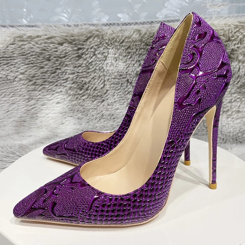 Pre Order:  Purple Embossed Pointed-Toe Pumps Shoes