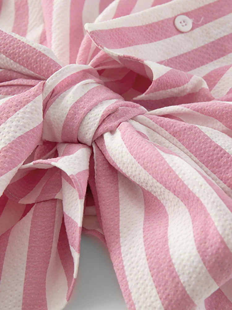 Pre Order:  Casual Pink Striped Bow Blouse