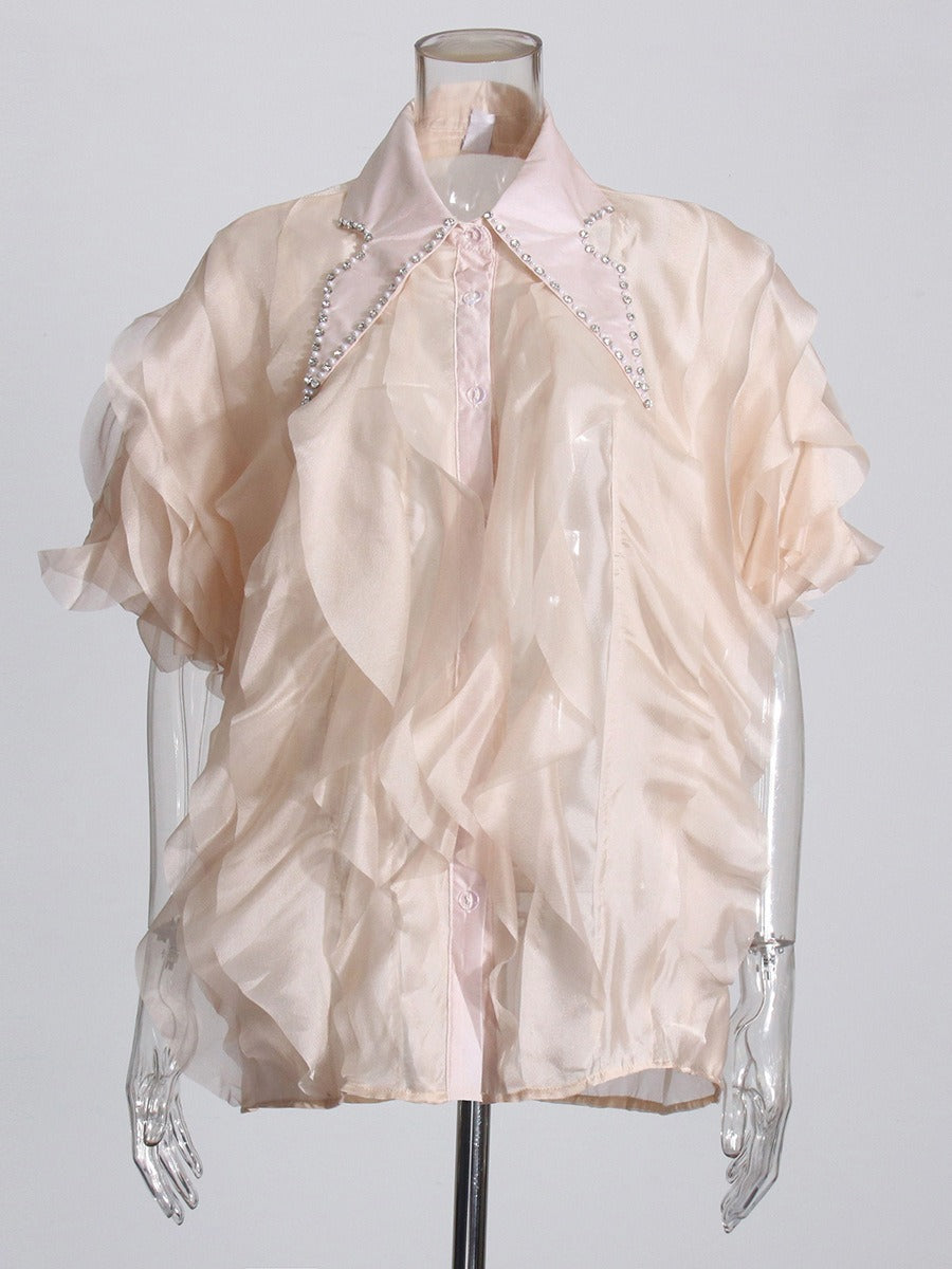 Pre Order:  Layered Ruffle Diamond Lapel Short Sleeve Shirt