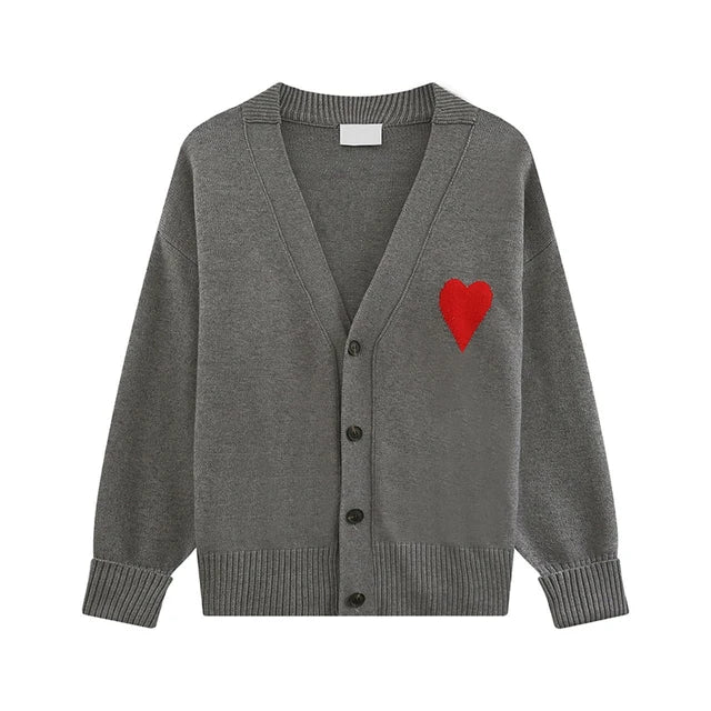 Pre Order: Heart Embroidery Loose Fit Cotton Knitted Cardigan