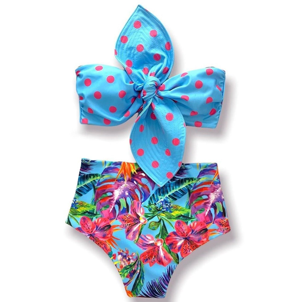 Blue Polka Dots Tube Floral Printed Two-Piece Swimsuit