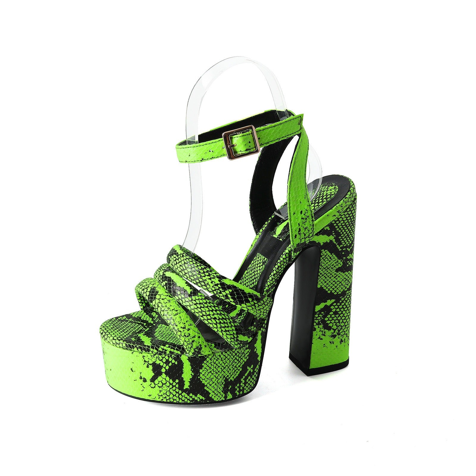 Pre Order:  Buckle Strap Open Toe Snake Pattern Thick Heel  Sandals