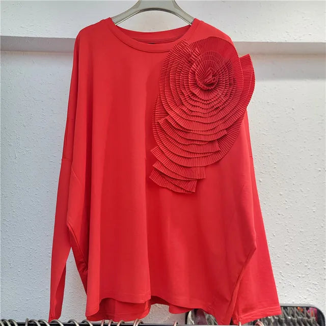 Pre Order:  Pleated 3D Flower Loose Casual Round Neck Top