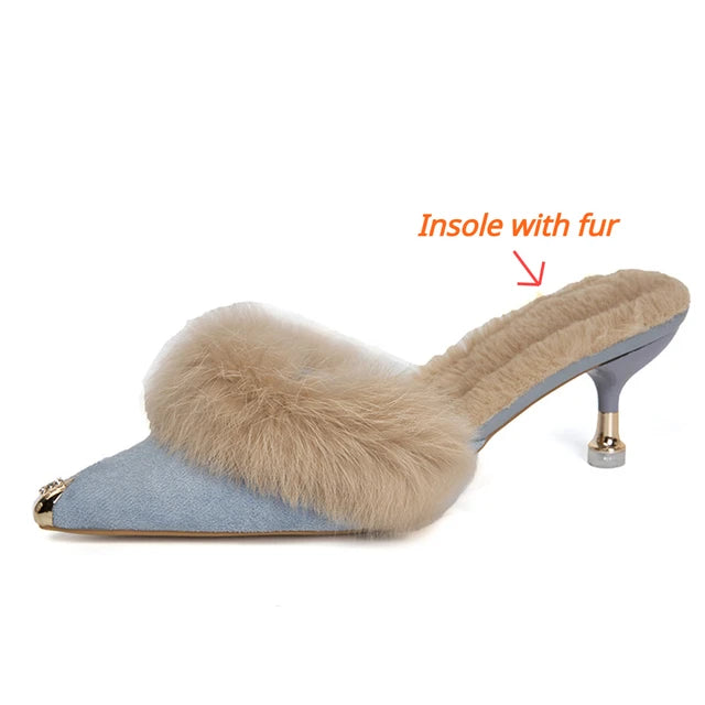 Pre Order:  Metal Tip Faux Fur Mules