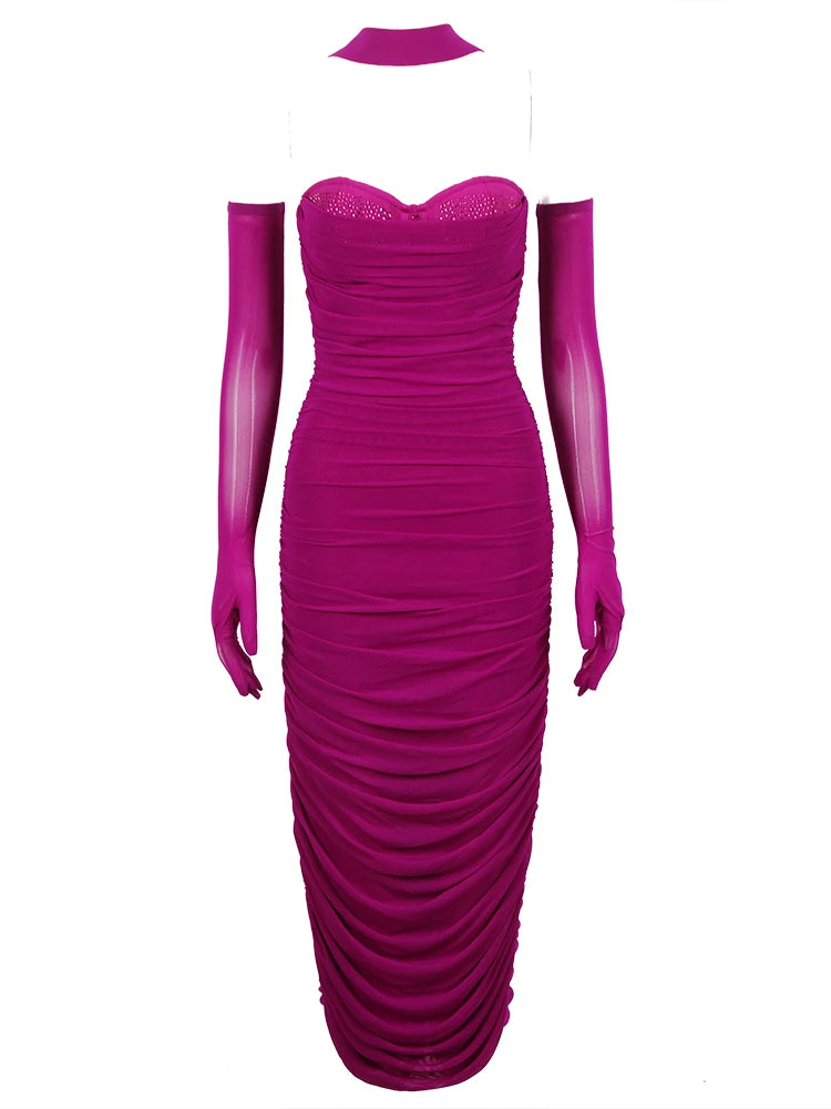 Pre Order:  Solid Pleated Mesh Bandage Dress with Gloves