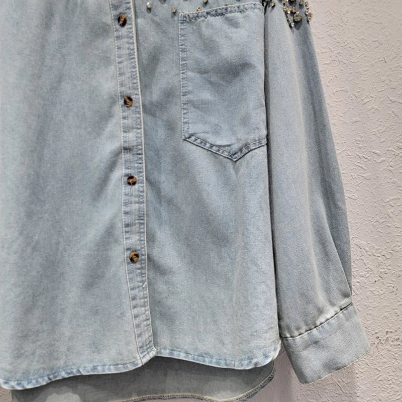 Diamond Studded Loose Denim Shirt