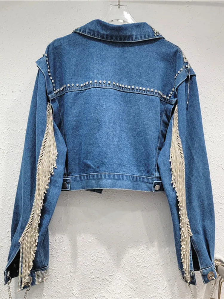 Pre Order:  Spliced Diamond Tassel Long Sleeved Denim Jacket