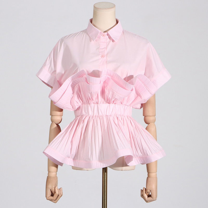 Ruffle Edge Patchwork Waist Cinching Short Sleeved Shirt