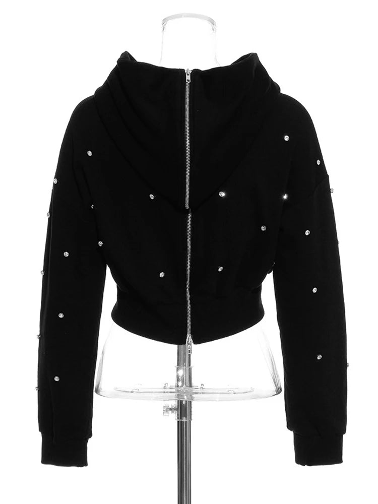 Pre Order:  Large Lapel Long Sleeved Diamond Inlaid Sweatshirt