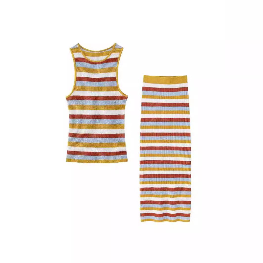 Pre Order:  Sleeveless Striped Knitted Vest + Slim Long Skirt