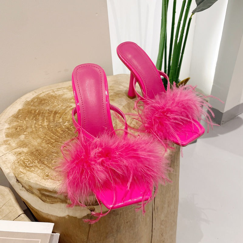 Pre Order:  Feather Square Toe Stiletto Mule Sandals