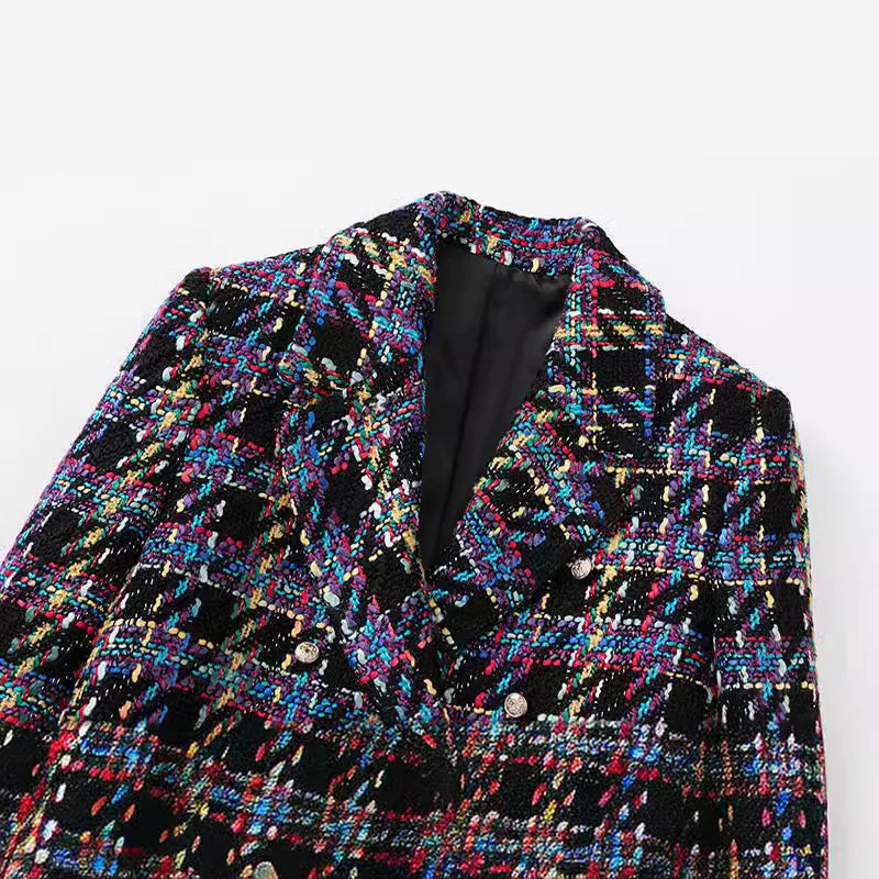 Pre Order:  Casual Plaid Long Sleeve Double Breasted Cropped Blazer