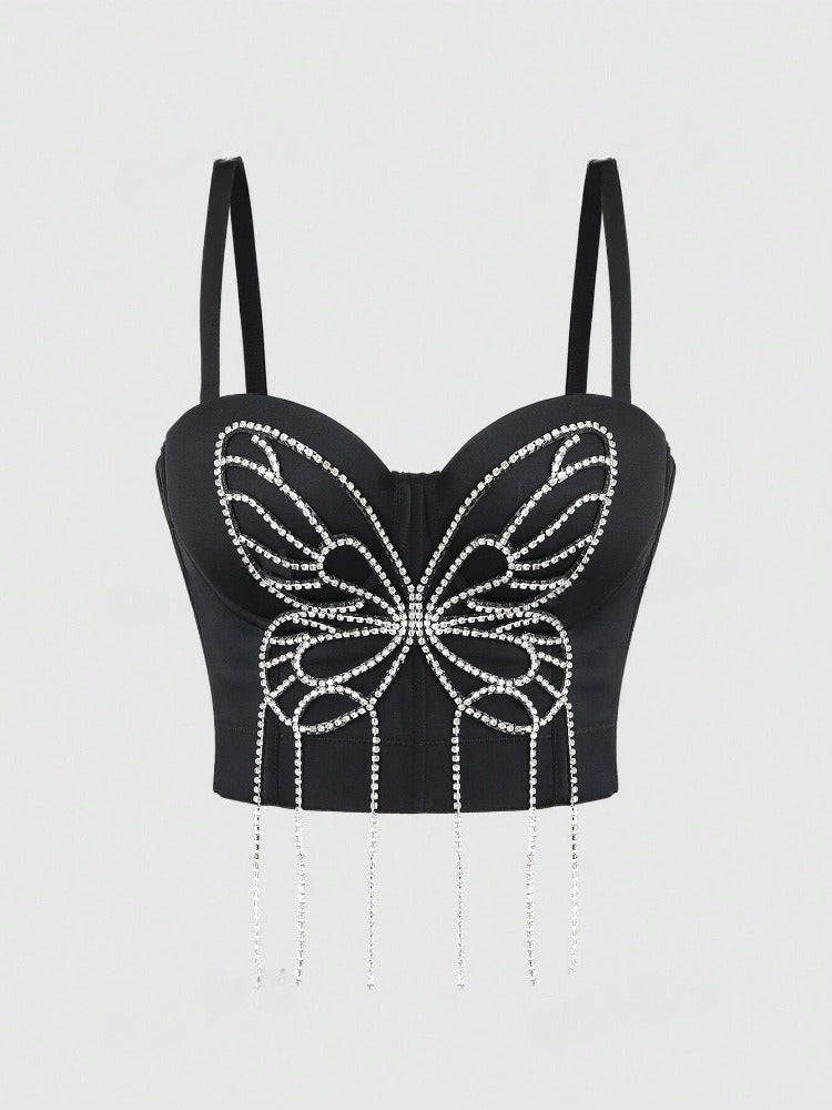 Pre Order:  3D Butterfly Rhinestone Hand Beaded Tassel Camisole