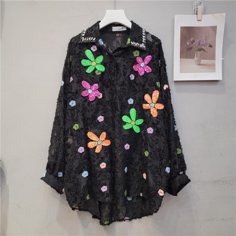 Sequin Flower Loose Long Sleeve Thin Shirt