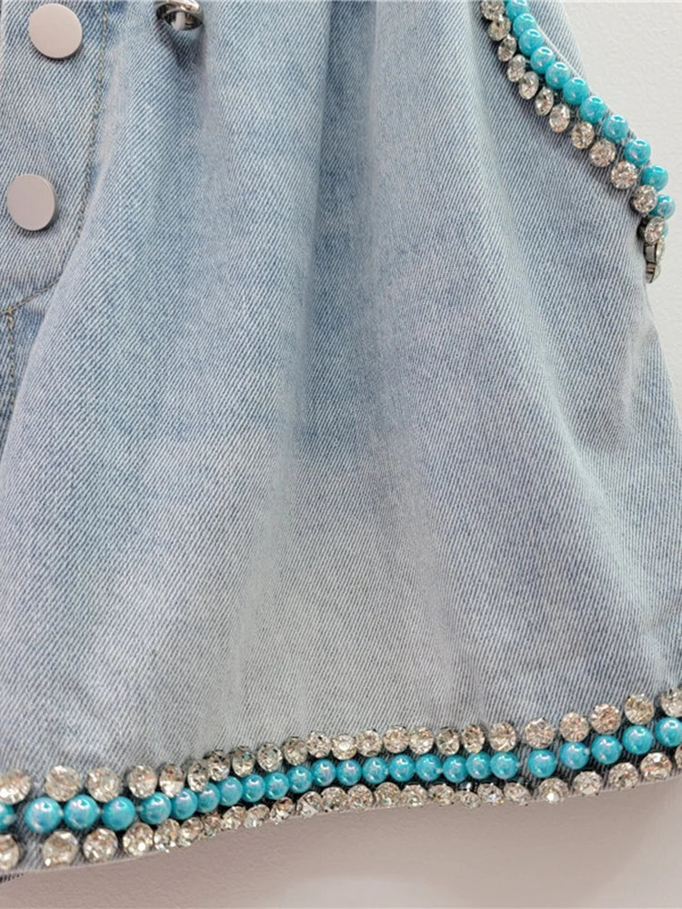 Pre Order:  Diamond Studded Blue Beads Wide Leg Denim Shorts