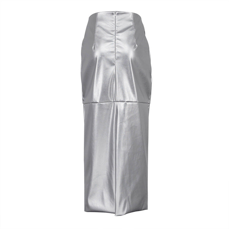 Pre Order:  Metallic Faux Leather Spliced Skirt