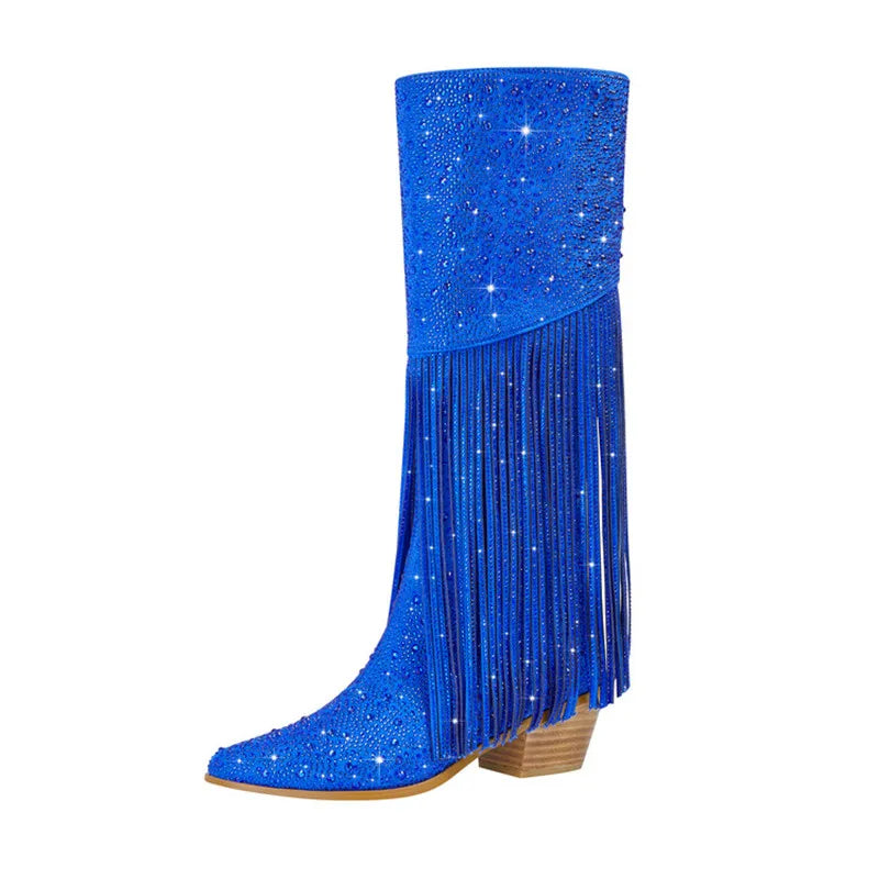 Tassel Rhinestone Chunky Heel Knee Long Boots