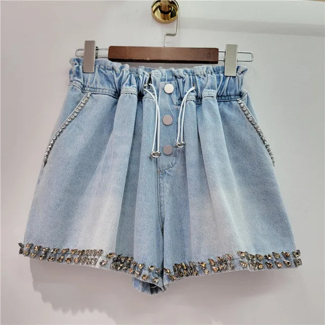 Pre Order:  Diamond Studded High Waist Wide Leg Denim Shorts