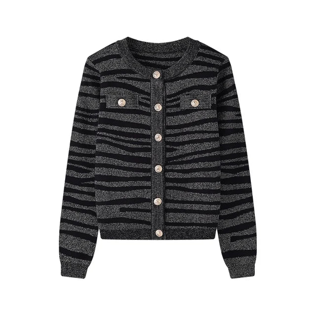 Pre Order: Elegant Striped Round Neck Cardigan