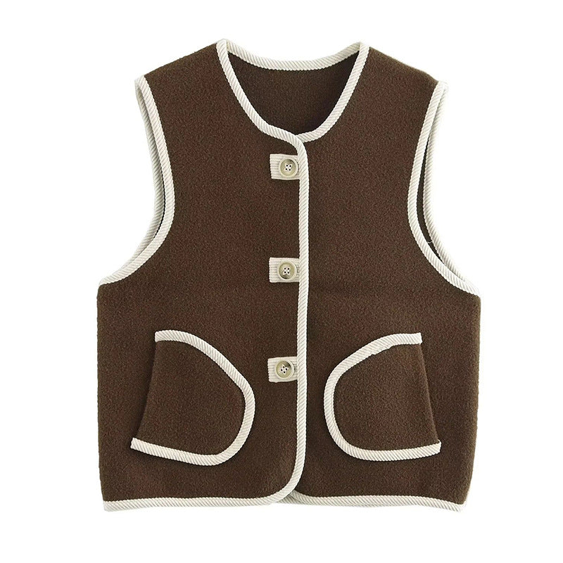 Pre Order: Loose Fit Sleeveless Trimmed Pocket  Pearl Fleece Vest