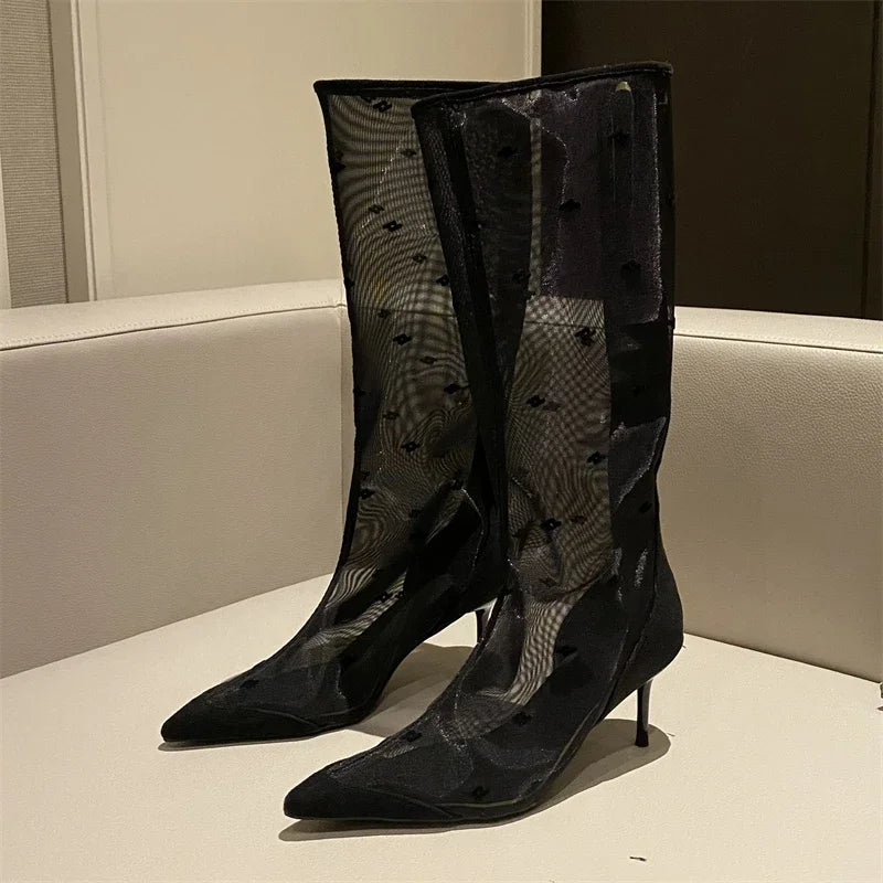 Mesh Knee-High Thin Heels Pointed Toe Boots