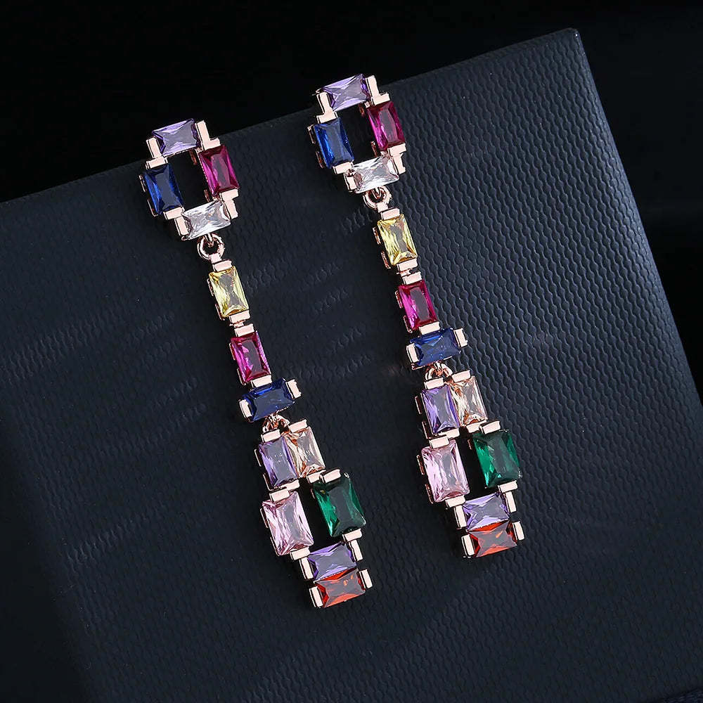 Pre Order:  925 Silver Needle Colorful Zircon Stones Long Earrings