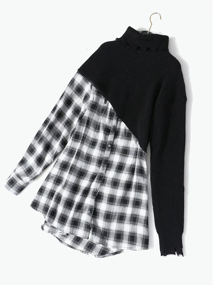 Pre Order:  Plaid Spliced Knitted Shirt Dress