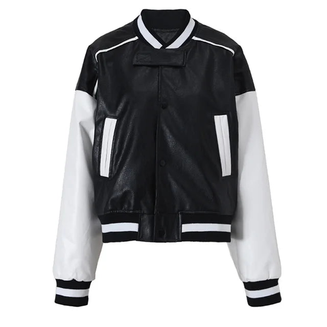 Pre Order:  Casual Colorblock Vegan Leather Varsity Jacket