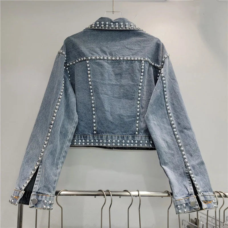 Pre Order: 3D Workwear Pocket Rivet Studded Diamond Tassel Denim Jacket