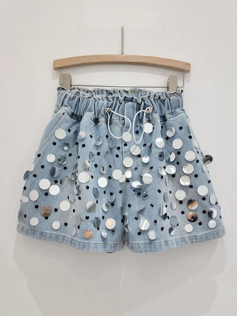 Pre Order: Elastic High Waist Wide Leg Big Sequins Shorts