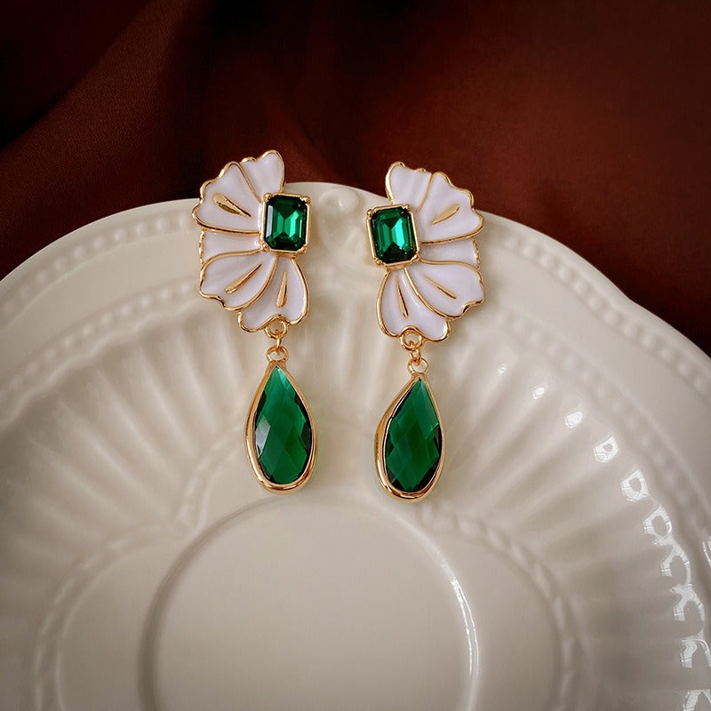 Pre Order:  Oil Dripping Flower Emerald Water Drop Earrings