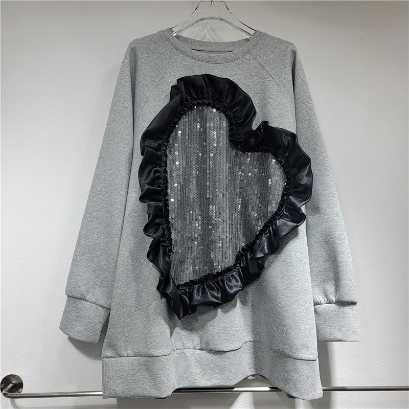 Pre Order:  Heart-Shaped Sequin Splicing Loose Long Sleeved Sweater