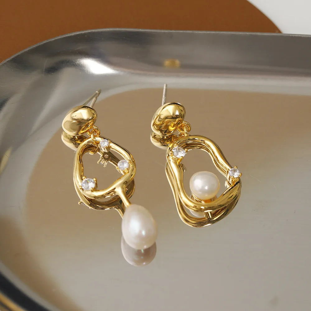 Pre Order:  Retro Asymmetrical Pearl Zircon Earrings