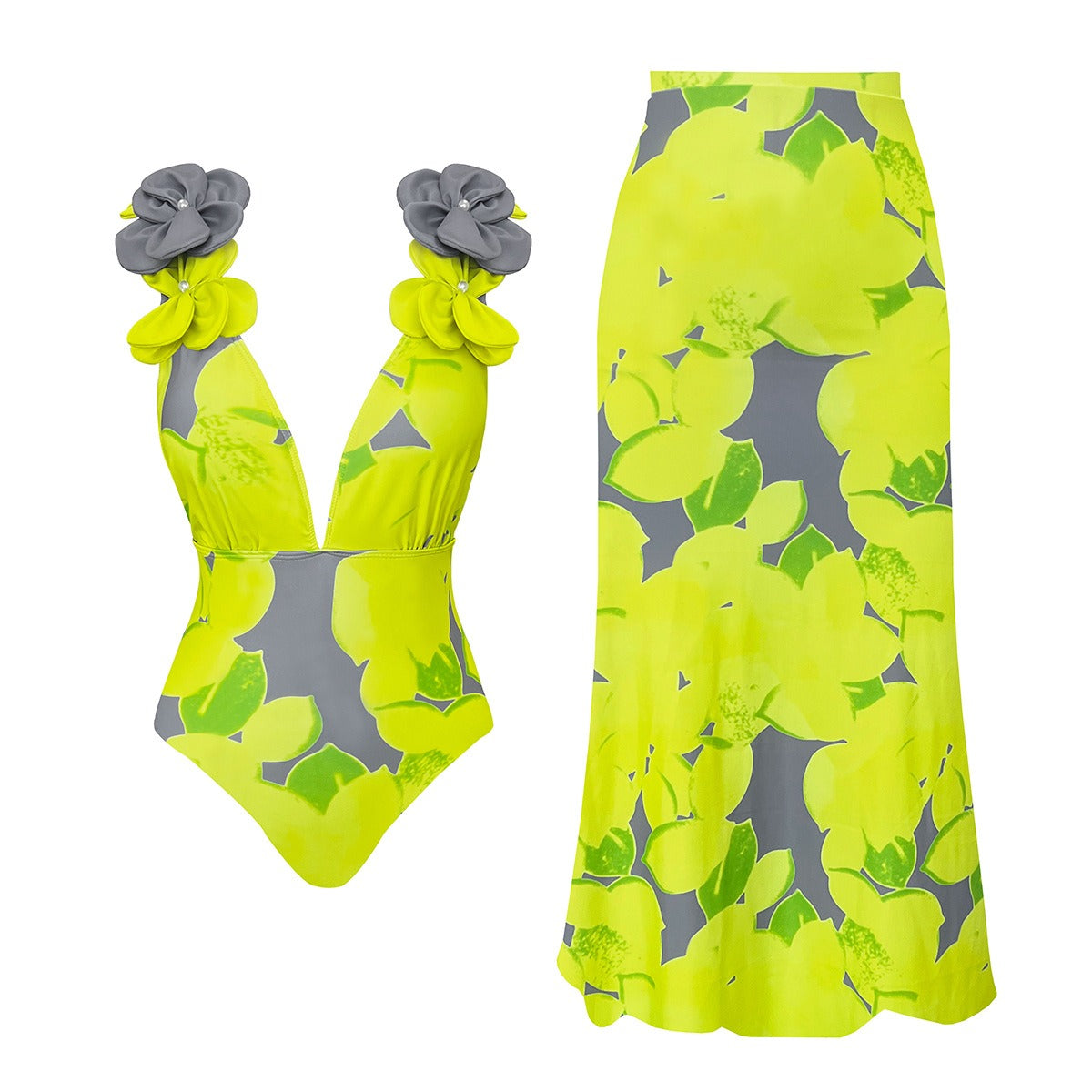 Deep V Neck One-piece Swimsuit High Waist + Skirt Set