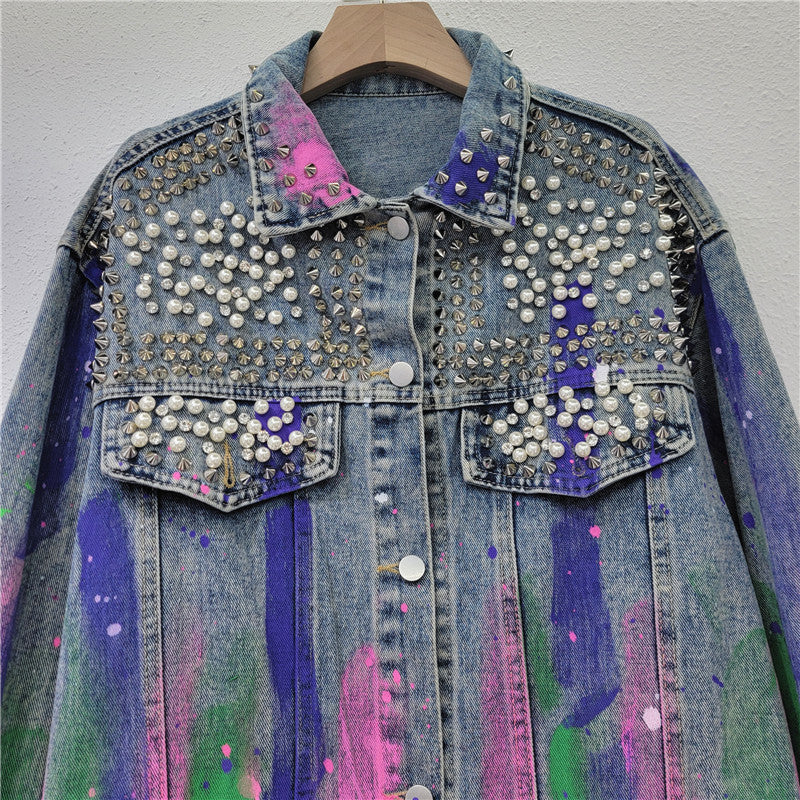 Pre Order: Denim Studded Half Painted Loose Jacket