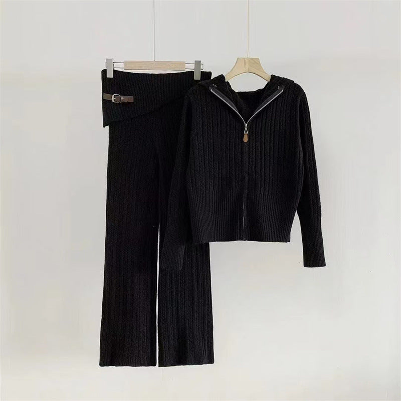 Pre Order: Hooded Knit Zip Up Cardigan + Knit Pants Set