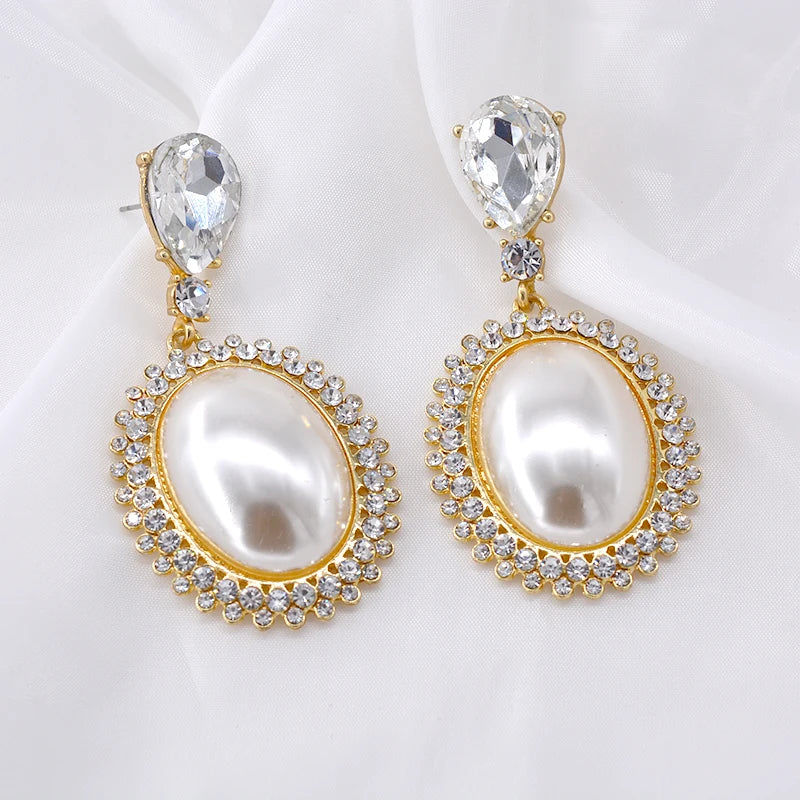 Big Oval Pearl Crystal Long Drop Earrings