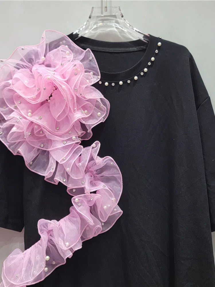 Pearl Diamond Pink Mesh Flower Round Neck T-Shirt