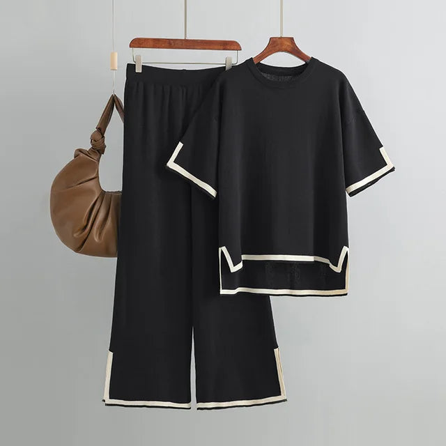 Round Neck Short Sleeve Loose Top + High Waist Pants