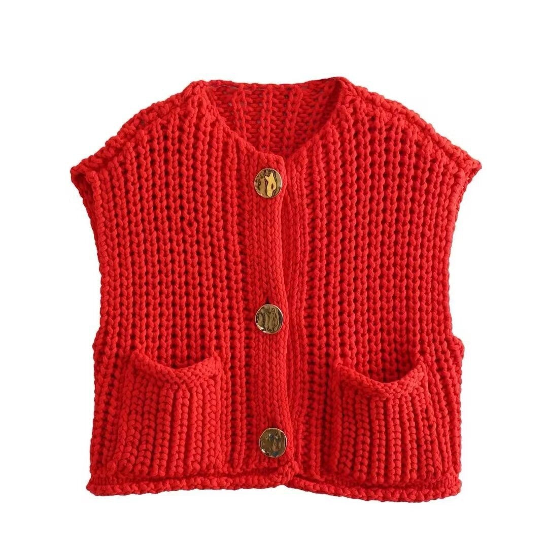 Pre Order:  Pocket Sleeveless Knitted Cropped Vest