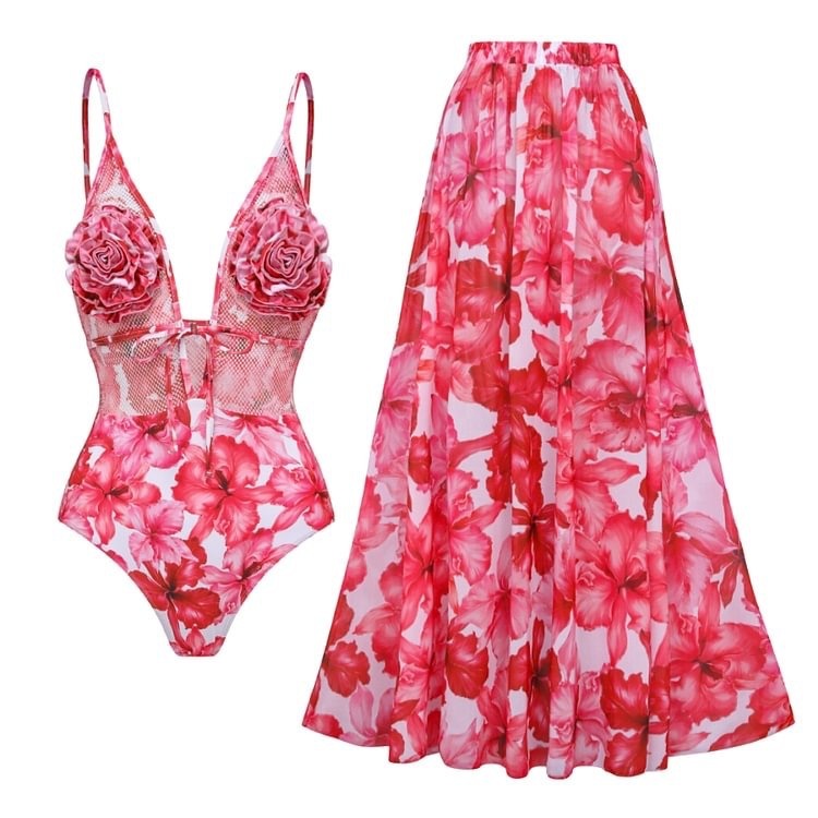 3D Floral Mesh Waist Swimsuit + Skirt Set