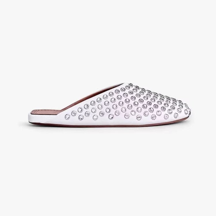 Pre Order:  Rhinestone Rivet Toe Cap Flat Mules