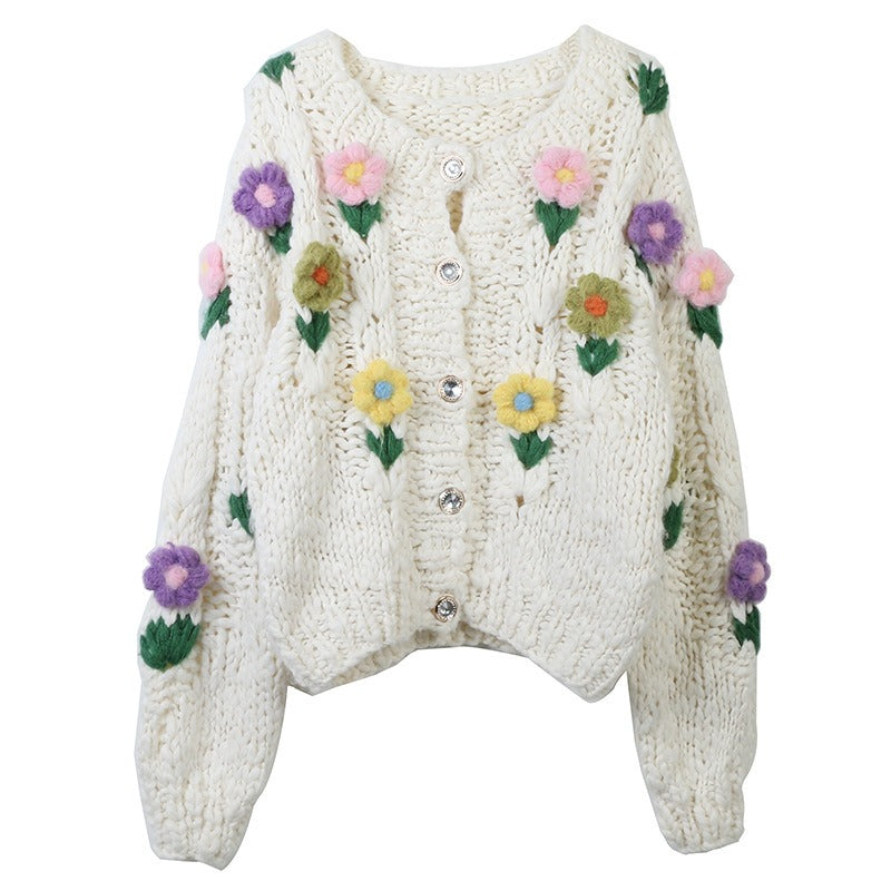 Flower Handmade Loose White Knitted Cardigan