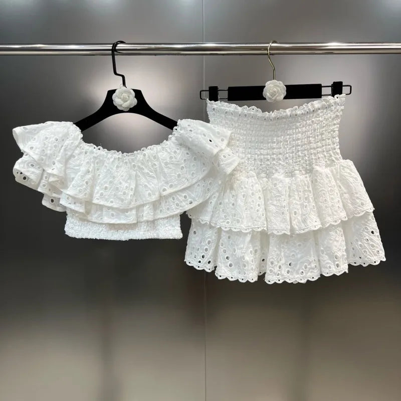 Pre Order:  Ruffle Embroidered Hollow Top + Skirt Sets