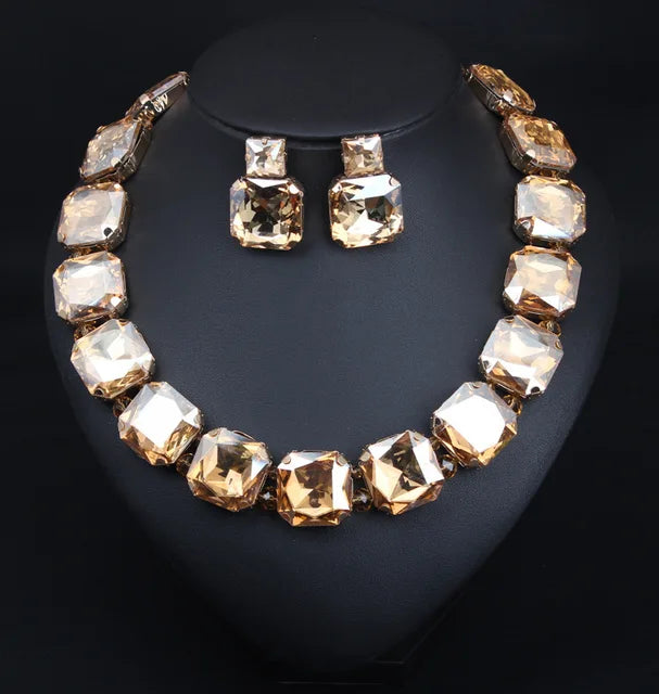 Pre Order:  Square Crystals Necklace-Earrings Set