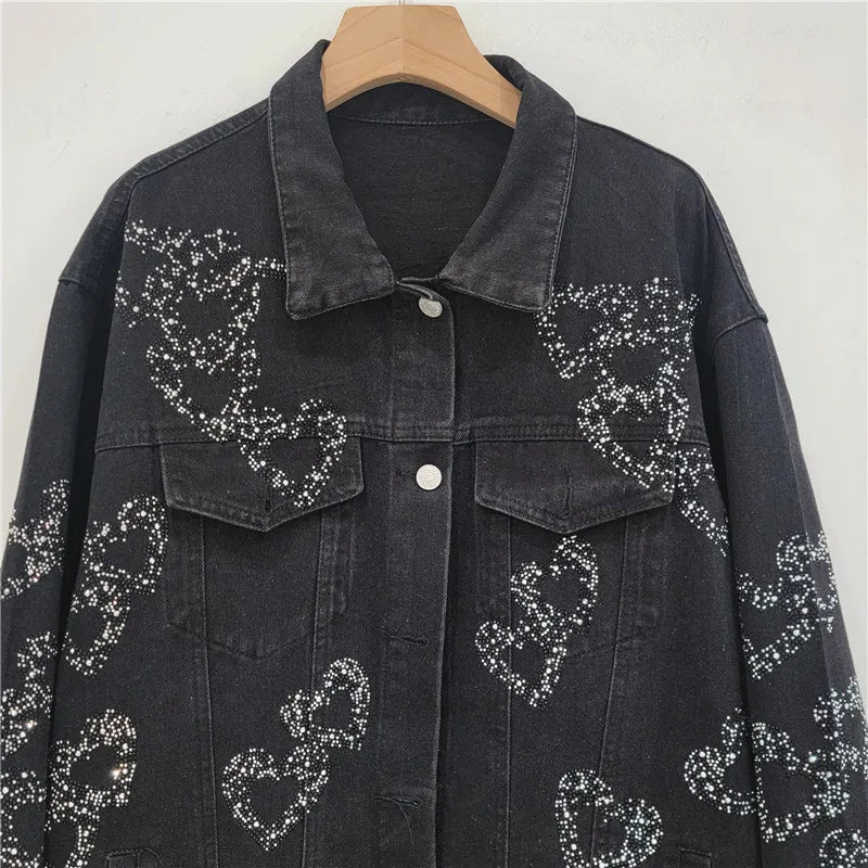 Pre Order:  Heart Diamond Beaded Black Denim Jacket