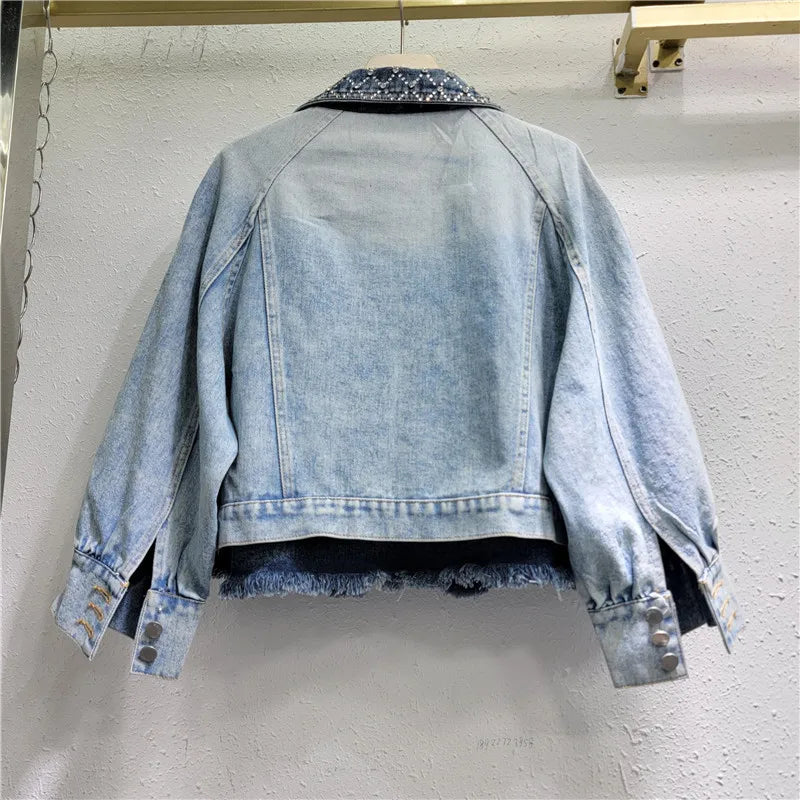 Pre Order:  Patchwork Hot Drilling Diamond Retro Washed Denim Jacket